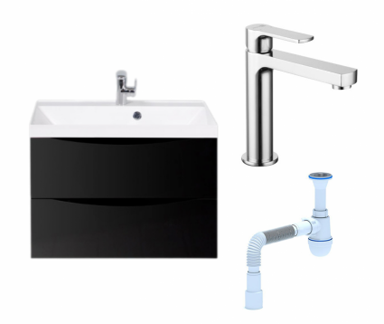 Комплект: Тумба с раковиной BelBagno Marino 70 nero lucido + Смеситель Lemark plus Grace LM1537C хром + Сифон АниПласт