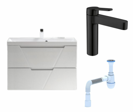Комплект: Тумба с раковиной BelBagno Vittoria 90 bianco lucido + Смеситель BelBagno Delta DEL-LVM-NERO черный + Сифон АниПласт
