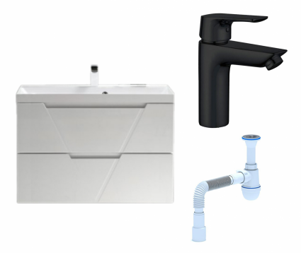 Комплект: Тумба с раковиной BelBagno Vittoria 90 bianco lucido + Смеситель Aquanet Static AF330-10B черный + Сифон АниПласт