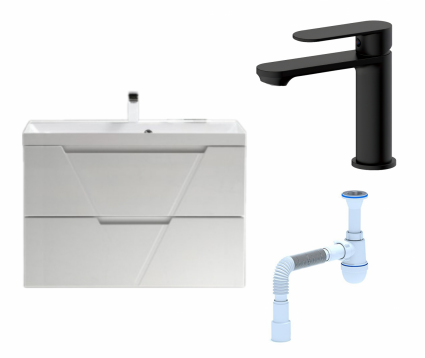 Комплект: Тумба с раковиной BelBagno Vittoria 90 bianco lucido + Смеситель Haiba HB10590-7 черный + Сифон АниПласт