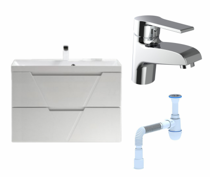 Комплект: Тумба с раковиной BelBagno Vittoria 90 bianco lucido + Смеситель Agger Right A2902100 хром + Сифон АниПласт