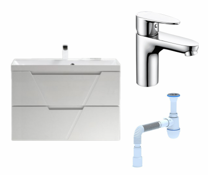 Комплект: Тумба с раковиной BelBagno Vittoria 90 bianco lucido + Смеситель Wasserkraft Leine 3503 хром + Сифон АниПласт