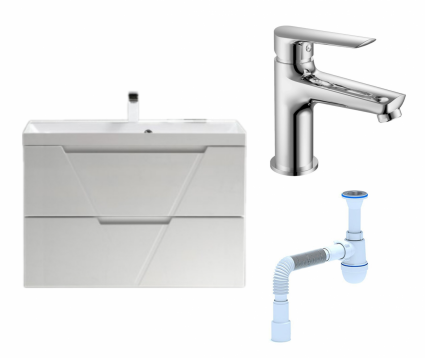 Комплект: Тумба с раковиной BelBagno Vittoria 90 bianco lucido + Смеситель Haiba HB10198 хром + Сифон АниПласт