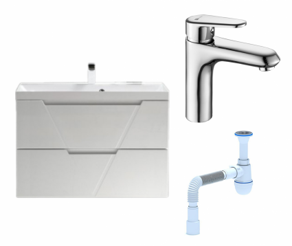 Комплект: Тумба с раковиной BelBagno Vittoria 90 bianco lucido + Смеситель Lemark Point LM0306C хром + Сифон АниПласт