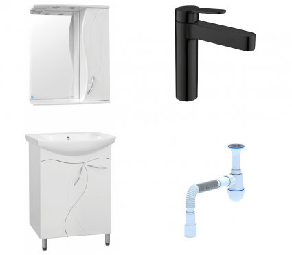 Комплект: Мебель для ванной Style Line Амелия 65 + Смеситель BelBagno Delta DEL-LVM-NERO + Сифон АниПласт