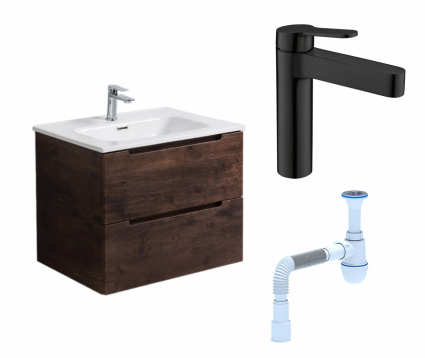 Комплект: Тумба с раковиной BelBagno Etna 80 rovere moro + Смеситель BelBagno Delta DEL-LVM-NERO черный + Сифон АниПласт