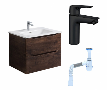 Комплект: Тумба с раковиной BelBagno Etna 80 rovere moro + Смеситель Aquanet Static AF330-10B черный + Сифон АниПласт