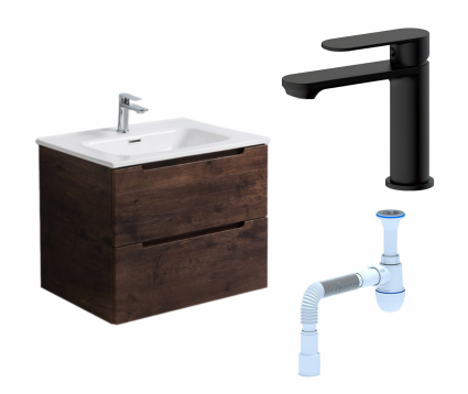 Комплект: Тумба с раковиной BelBagno Etna 80 rovere moro + Смеситель Haiba HB10590-7 черный + Сифон АниПласт