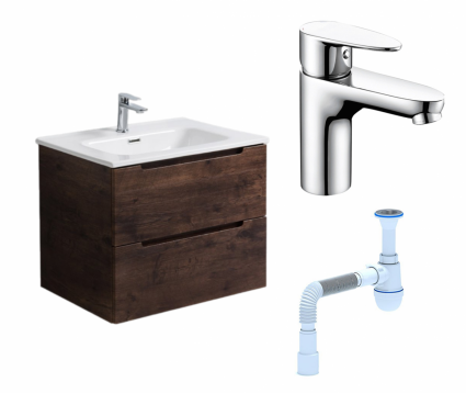 Комплект: Тумба с раковиной BelBagno Etna 80 rovere moro + Смеситель Wasserkraft Leine 3503 хром + Сифон АниПласт