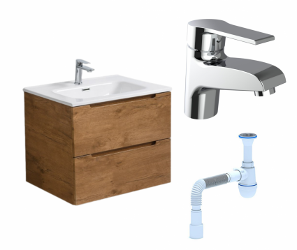 Комплект: Тумба с раковиной BelBagno Etna 60 rovere nature + Смеситель Agger Right A2902100 хром + Сифон АниПласт