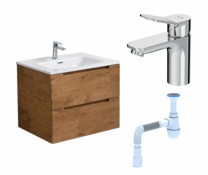 Комплект: Тумба с раковиной BelBagno Etna 60 rovere nature + Смеситель Am.Pm X-Joy F85A02100 хром + Сифон АниПласт