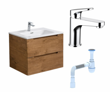 Комплект: Тумба с раковиной BelBagno Etna 60 rovere nature + Смеситель Bravat Eler F1191238CP-RUS хром + Сифон АниПласт
