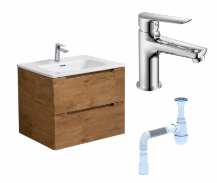 Комплект: Тумба с раковиной BelBagno Etna 60 rovere nature + Смеситель Haiba HB10198 хром + Сифон АниПласт