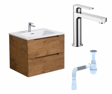 Комплект: Тумба с раковиной BelBagno Etna 60 rovere nature + Смеситель Lemark plus Grace LM1537C хром + Сифон АниПласт