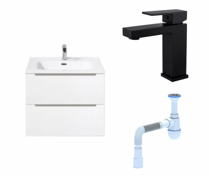 Комплект: Тумба с раковиной BelBagno Etna 60 bianco lucido + Смеситель Haiba HB10803-7 черный + Сифон АниПласт