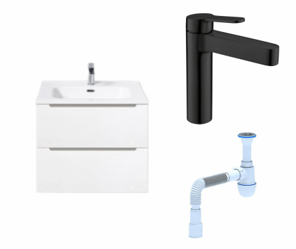 Комплект: Тумба с раковиной BelBagno Etna 60 bianco lucido + Смеситель BelBagno Delta DEL-LVM-NERO черный + Сифон АниПласт