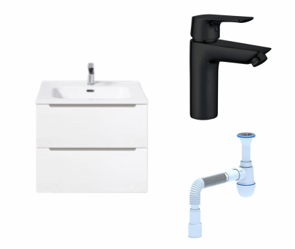 Комплект: Тумба с раковиной BelBagno Etna 60 bianco lucido + Смеситель Aquanet Static AF330-10B черный + Сифон АниПласт