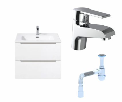Комплект: Тумба с раковиной BelBagno Etna 60 bianco lucido + Смеситель Agger Right A2902100 хром + Сифон АниПласт