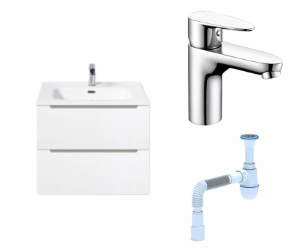 Комплект: Тумба с раковиной BelBagno Etna 60 bianco lucido + Смеситель Wasserkraft Leine 3503 хром + Сифон АниПласт