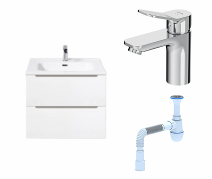 Комплект: Тумба с раковиной BelBagno Etna 60 bianco lucido + Смеситель Am.Pm X-Joy F85A02100 хром + Сифон АниПласт