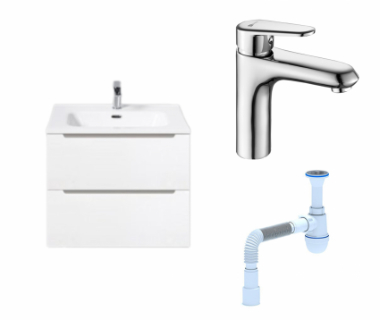 Комплект: Тумба с раковиной BelBagno Etna 60 bianco lucido + Смеситель Lemark Point LM0306C хром + Сифон АниПласт