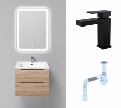Комплект: Мебель для ванной BelBagno Etna 60 rovere bianco + Смеситель Haiba HB10803-7 черный + Сифон АниПласт