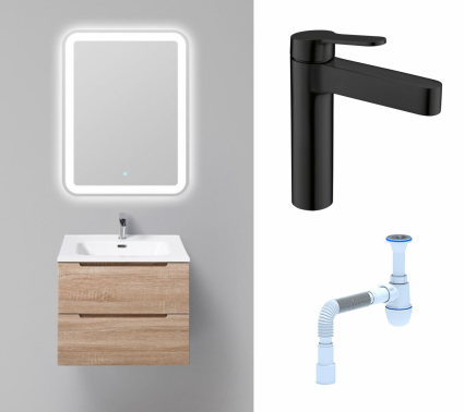Комплект: Мебель для ванной BelBagno Etna 60 rovere bianco + Смеситель BelBagno Delta DEL-LVM-NERO черный + Сифон АниПласт