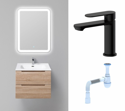 Комплект: Мебель для ванной BelBagno Etna 60 rovere bianco + Смеситель Haiba HB10590-7 черный + Сифон АниПласт