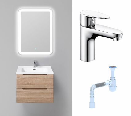 Комплект: Мебель для ванной BelBagno Etna 60 rovere bianco + Смеситель Wasserkraft Leine 3503 хром + Сифон АниПласт