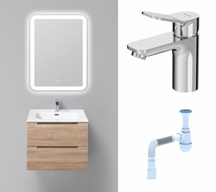 Комплект: Мебель для ванной BelBagno Etna 60 rovere bianco + Смеситель Am.Pm X-Joy F85A02100 хром + Сифон АниПласт