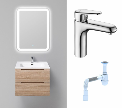 Комплект: Мебель для ванной BelBagno Etna 60 rovere bianco + Смеситель Lemark Point LM0306C хром + Сифон АниПласт