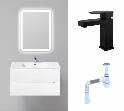 Комплект: Мебель для ванной BelBagno Etna 90 bianco opaco + Смеситель Haiba HB10803-7 черный + Сифон АниПласт