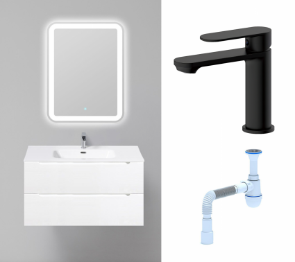 Комплект: Мебель для ванной BelBagno Etna 90 bianco opaco + Смеситель Haiba HB10590-7 черный + Сифон АниПласт