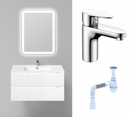 Комплект: Мебель для ванной BelBagno Etna 90 bianco opaco + Смеситель Wasserkraft Leine 3503 хром + Сифон АниПласт