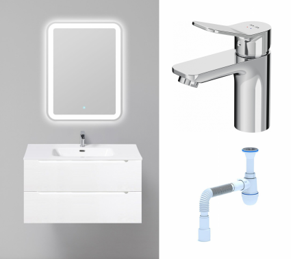 Комплект: Мебель для ванной BelBagno Etna 90 bianco opaco + Смеситель Am.Pm X-Joy F85A02100 хром + Сифон АниПласт