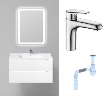 Комплект: Мебель для ванной BelBagno Etna 90 bianco opaco + Смеситель Lemark Point LM0306C хром + Сифон АниПласт