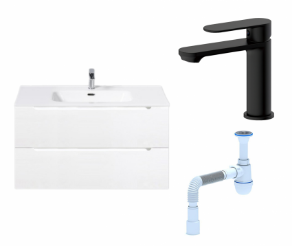Комплект: Тумба с раковиной BelBagno Etna 90 bianco opaco + Смеситель Haiba HB10590-7 черный + Сифон АниПласт