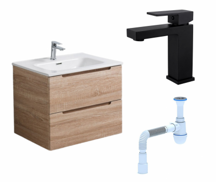 Комплект: Тумба с раковиной BelBagno Etna 60 rovere bianco + Смеситель Haiba HB10803-7 черный + Сифон АниПласт