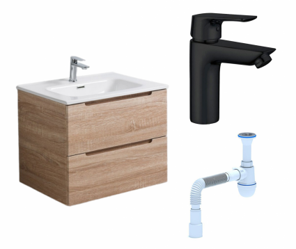 Комплект: Тумба с раковиной BelBagno Etna 60 rovere bianco + Смеситель Aquanet Static AF330-10B черный + Сифон АниПласт