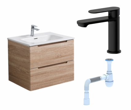 Комплект: Тумба с раковиной BelBagno Etna 60 rovere bianco + Смеситель Haiba HB10590-7 черный + Сифон АниПласт