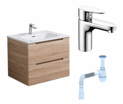 Комплект: Тумба с раковиной BelBagno Etna 60 rovere bianco + Смеситель Wasserkraft Leine 3503 хром + Сифон АниПласт