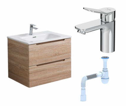 Комплект: Тумба с раковиной BelBagno Etna 60 rovere bianco + Смеситель Am.Pm X-Joy F85A02100 хром + Сифон АниПласт