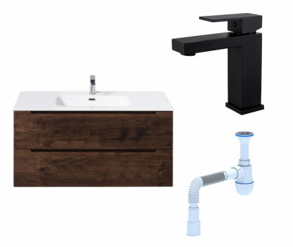 Комплект: Тумба с раковиной BelBagno Etna 100 rovere moro + Смеситель Haiba HB10803-7 черный + Сифон АниПласт