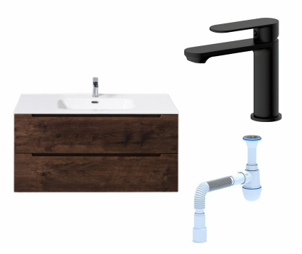 Комплект: Тумба с раковиной BelBagno Etna 100 rovere moro + Смеситель Haiba HB10590-7 черный + Сифон АниПласт