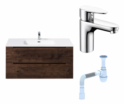 Комплект: Тумба с раковиной BelBagno Etna 100 rovere moro + Смеситель Wasserkraft Leine 3503 хром + Сифон АниПласт