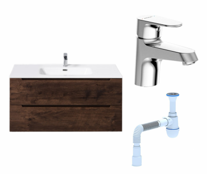 Комплект: Тумба с раковиной BelBagno Etna 100 rovere moro + Смеситель Bravat Alfa F1120178CP хром + Сифон АниПласт