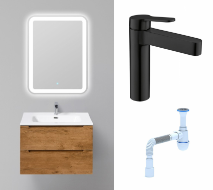Комплект: Мебель для ванной BelBagno Etna 70 rovere nature + Смеситель BelBagno Delta DEL-LVM-NERO черный + Сифон АниПласт