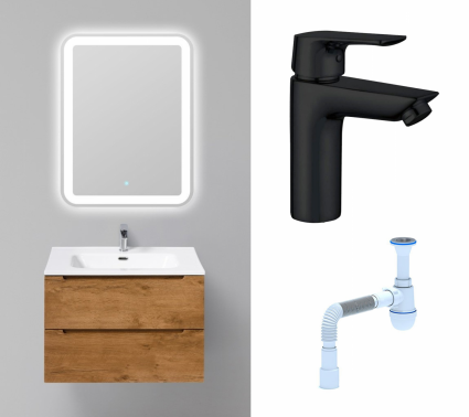 Комплект: Мебель для ванной BelBagno Etna 70 rovere nature + Смеситель Aquanet Static AF330-10B черный + Сифон АниПласт
