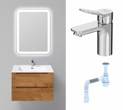 Комплект: Мебель для ванной BelBagno Etna 70 rovere nature + Смеситель Am.Pm X-Joy F85A02100 хром + Сифон АниПласт