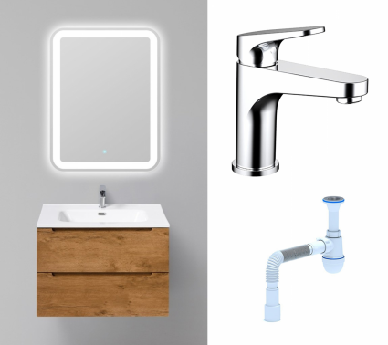 Комплект: Мебель для ванной BelBagno Etna 70 rovere nature + Смеситель Bravat Eler F1191238CP-RUS хром + Сифон АниПласт